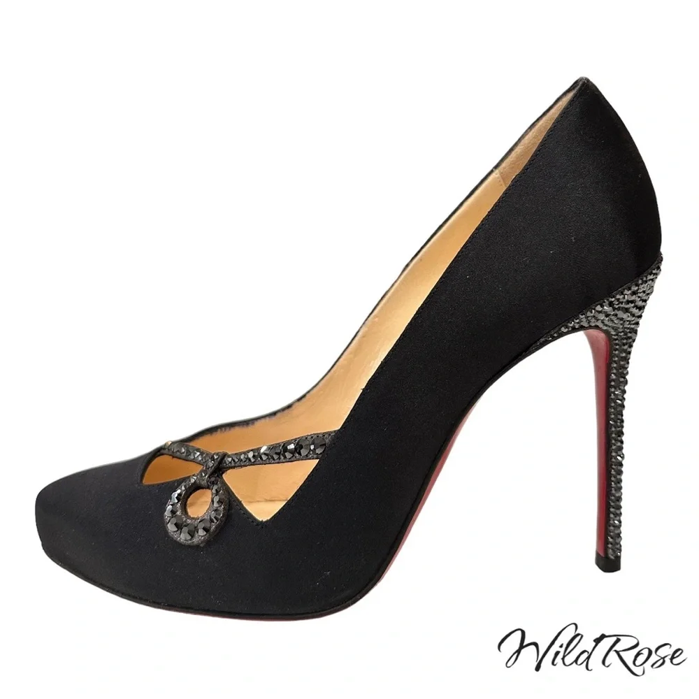 CHRISTIAN LOUBOUTIN Black Satin Rhinestone Embellished Heels SZ 38 - Picture 2 of 15
